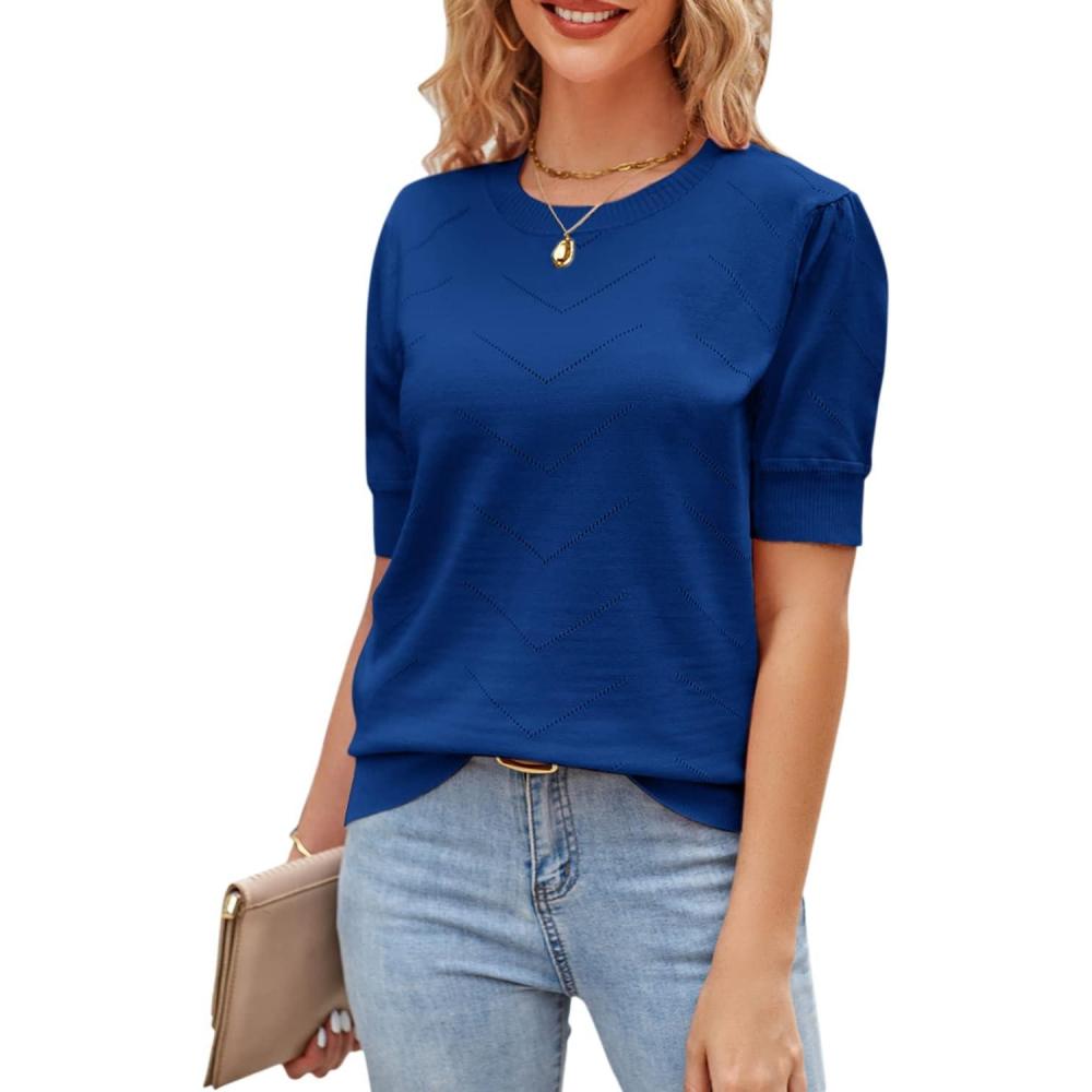 imageNewshows Womens Summer Short Sleeve Sweater Tops Fall Business Casual Outfits Crewneck Lightweight Dressy Knit ShirtsBlue