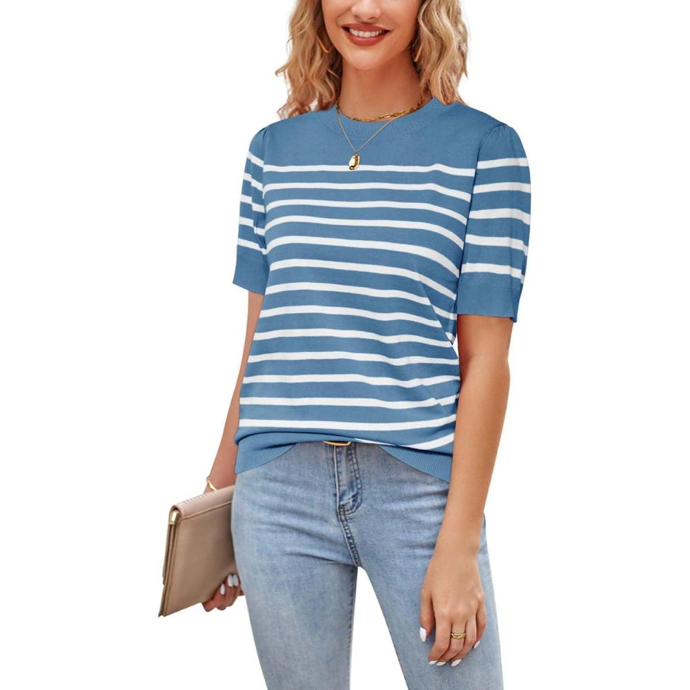 imageNewshows Womens Summer Short Sleeve Sweater Tops Fall Business Casual Outfits Crewneck Lightweight Dressy Knit ShirtsBlueWhite Stripe1