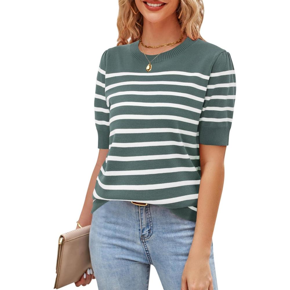 imageNewshows Womens Summer Short Sleeve Sweater Tops Fall Business Casual Outfits Crewneck Lightweight Dressy Knit ShirtsGrey GreenWhite Stripe