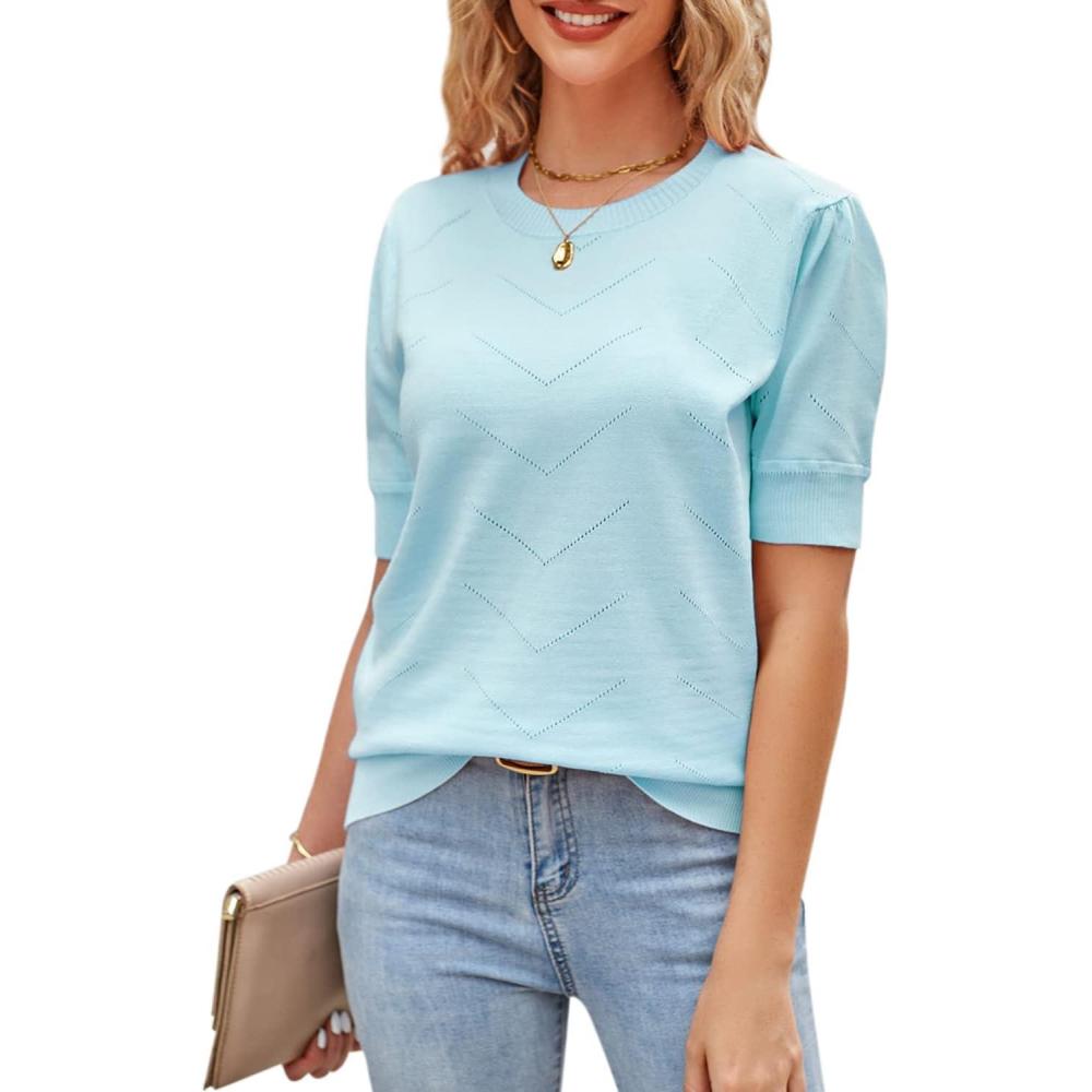 imageNewshows Womens Summer Short Sleeve Sweater Tops Fall Business Casual Outfits Crewneck Lightweight Dressy Knit ShirtsLight Blue