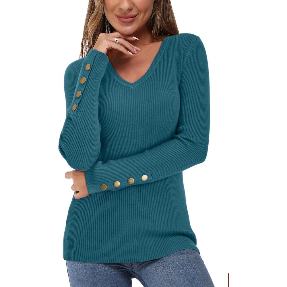 imageNewshows Womens Sweaters Fall V Neck Pullover Long Sleeve Stretch Button Casual Ribbed Knit TopsA1blue2
