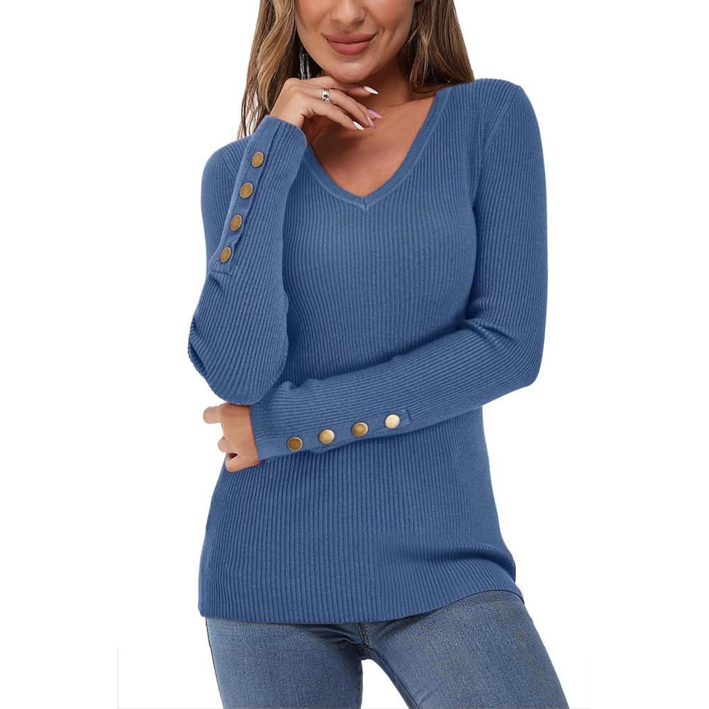 imageNewshows Womens Sweaters Fall V Neck Pullover Long Sleeve Stretch Button Casual Ribbed Knit TopsBlue01