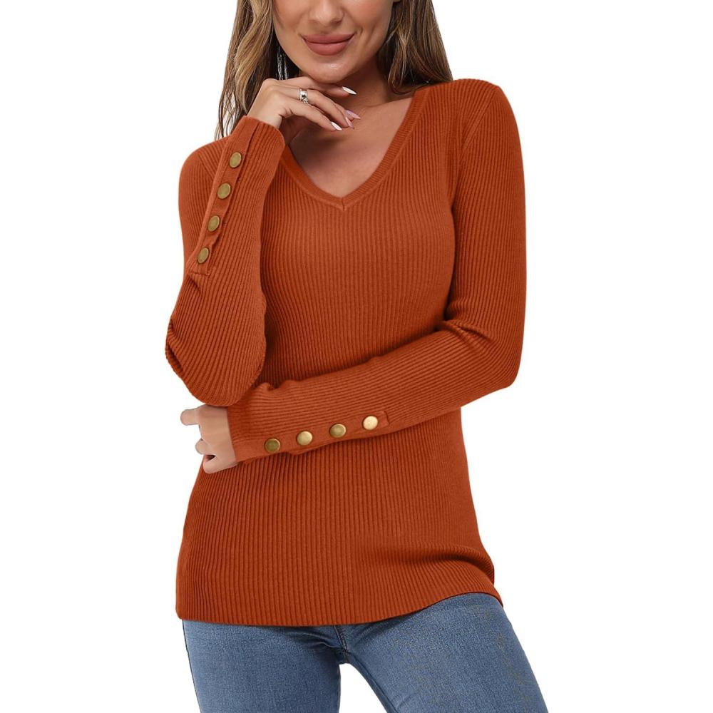 imageNewshows Womens Sweaters Fall V Neck Pullover Long Sleeve Stretch Button Casual Ribbed Knit TopsCaramel Orange