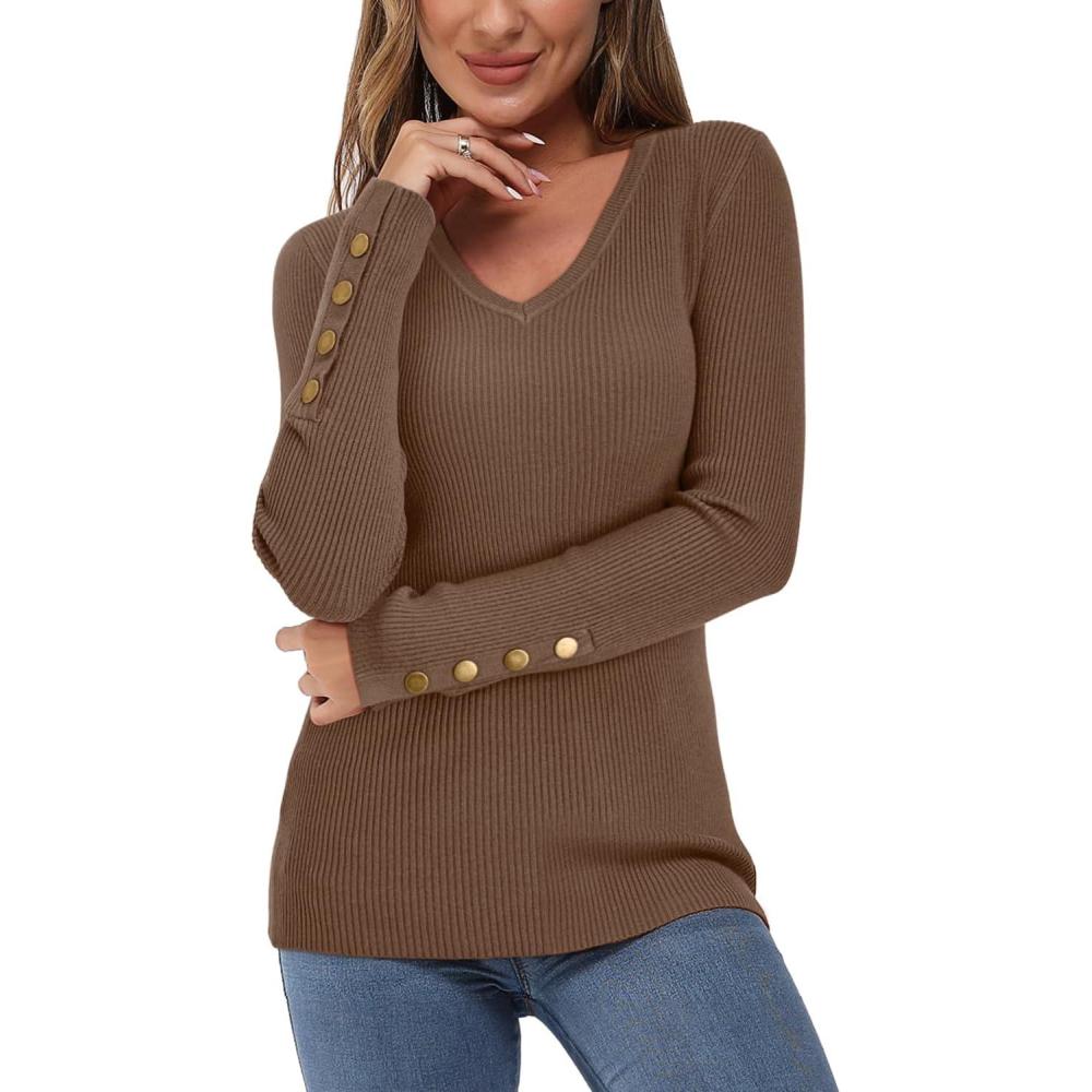 imageNewshows Womens Sweaters Fall V Neck Pullover Long Sleeve Stretch Button Casual Ribbed Knit TopsCoffee