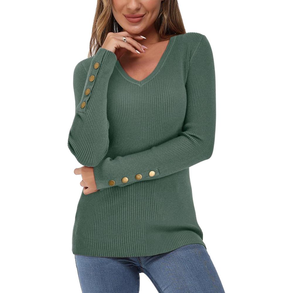 imageNewshows Womens Sweaters Fall V Neck Pullover Long Sleeve Stretch Button Casual Ribbed Knit TopsGrey Green