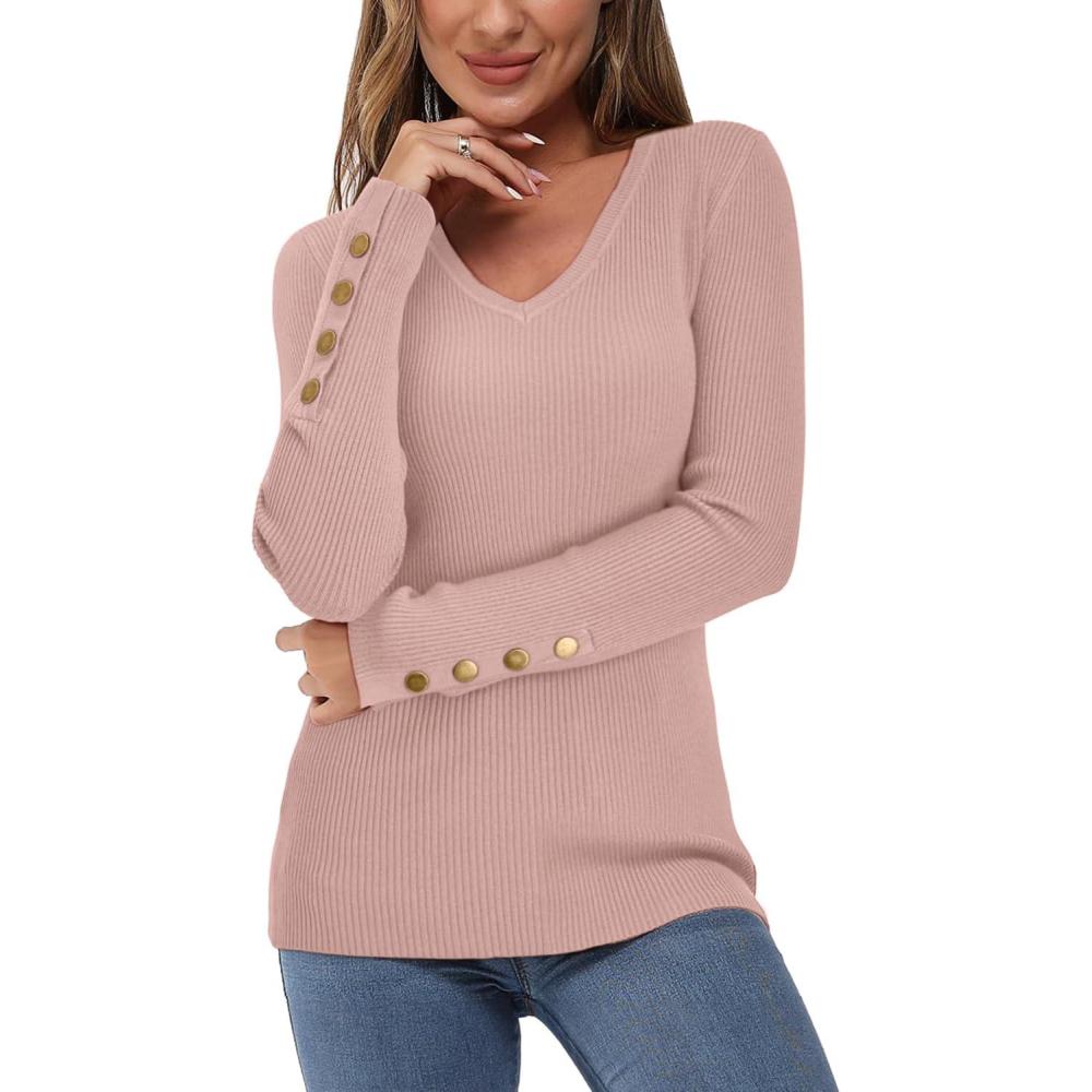 imageNewshows Womens Sweaters Fall V Neck Pullover Long Sleeve Stretch Button Casual Ribbed Knit TopsPink