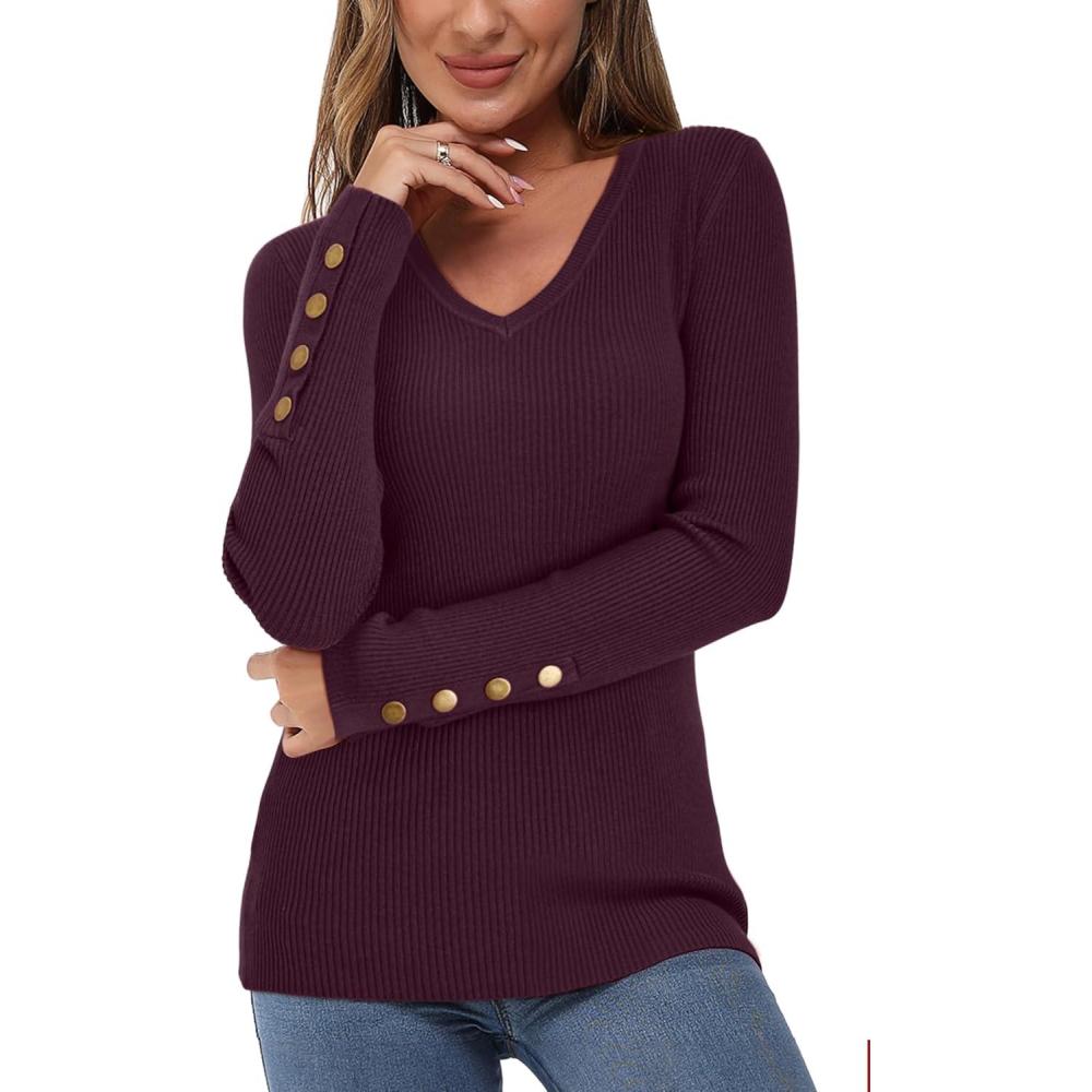 imageNewshows Womens Sweaters Fall V Neck Pullover Long Sleeve Stretch Button Casual Ribbed Knit TopsPurplish Red