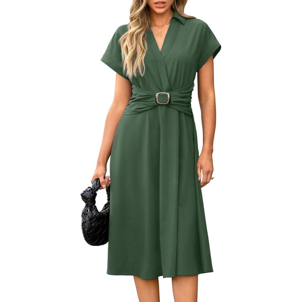 imageNewshows Womens Wear to Work Teacher Business Casual Dress Funeral Midi Dresses Button Down Office Clothes with PocketsArmy Green
