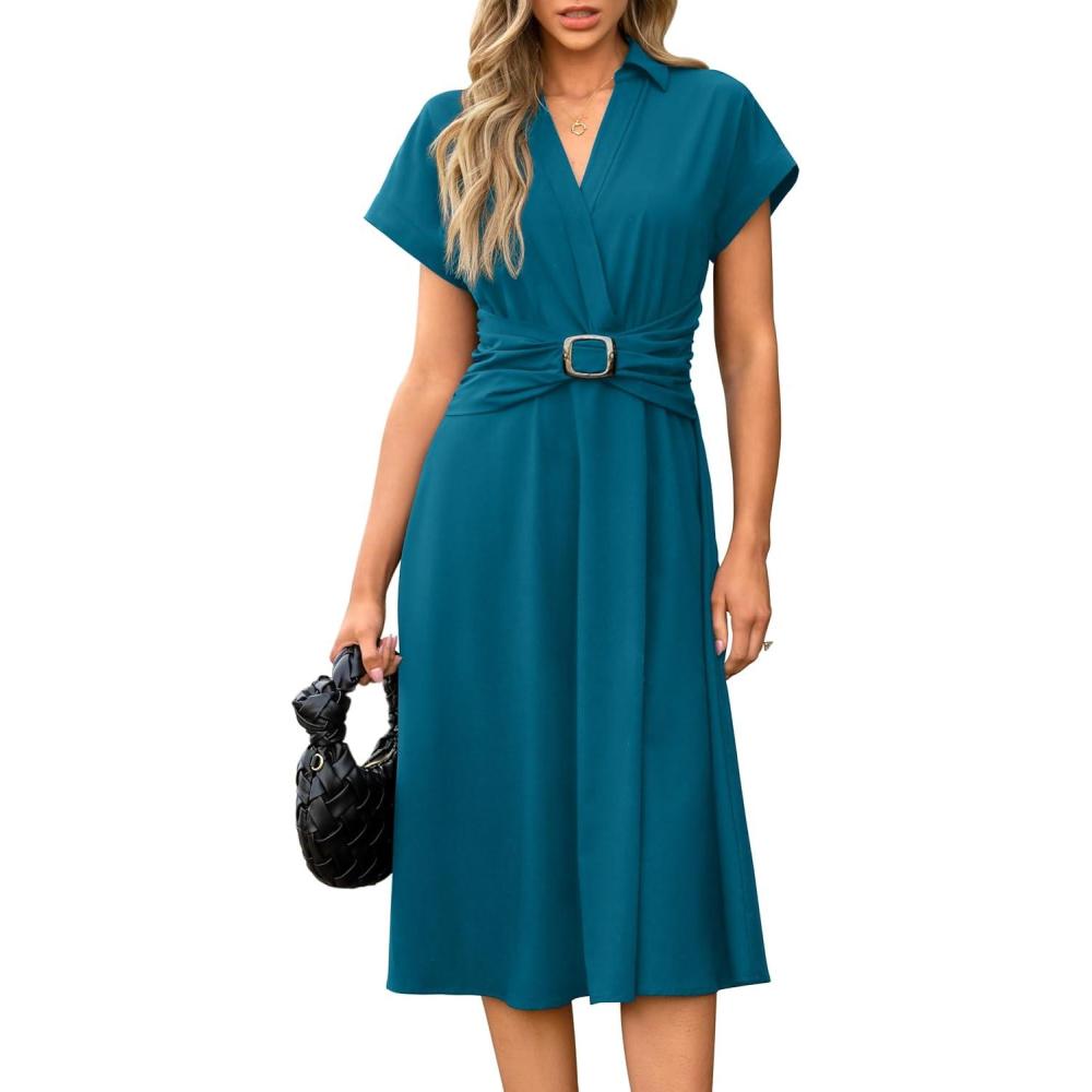 imageNewshows Womens Wear to Work Teacher Business Casual Dress Funeral Midi Dresses Button Down Office Clothes with PocketsBlue