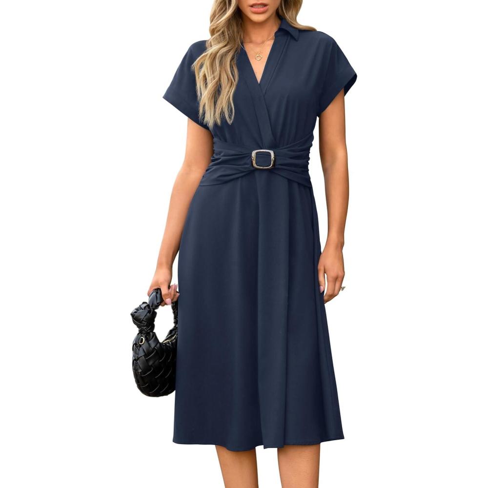 imageNewshows Womens Wear to Work Teacher Business Casual Dress Funeral Midi Dresses Button Down Office Clothes with PocketsNavy