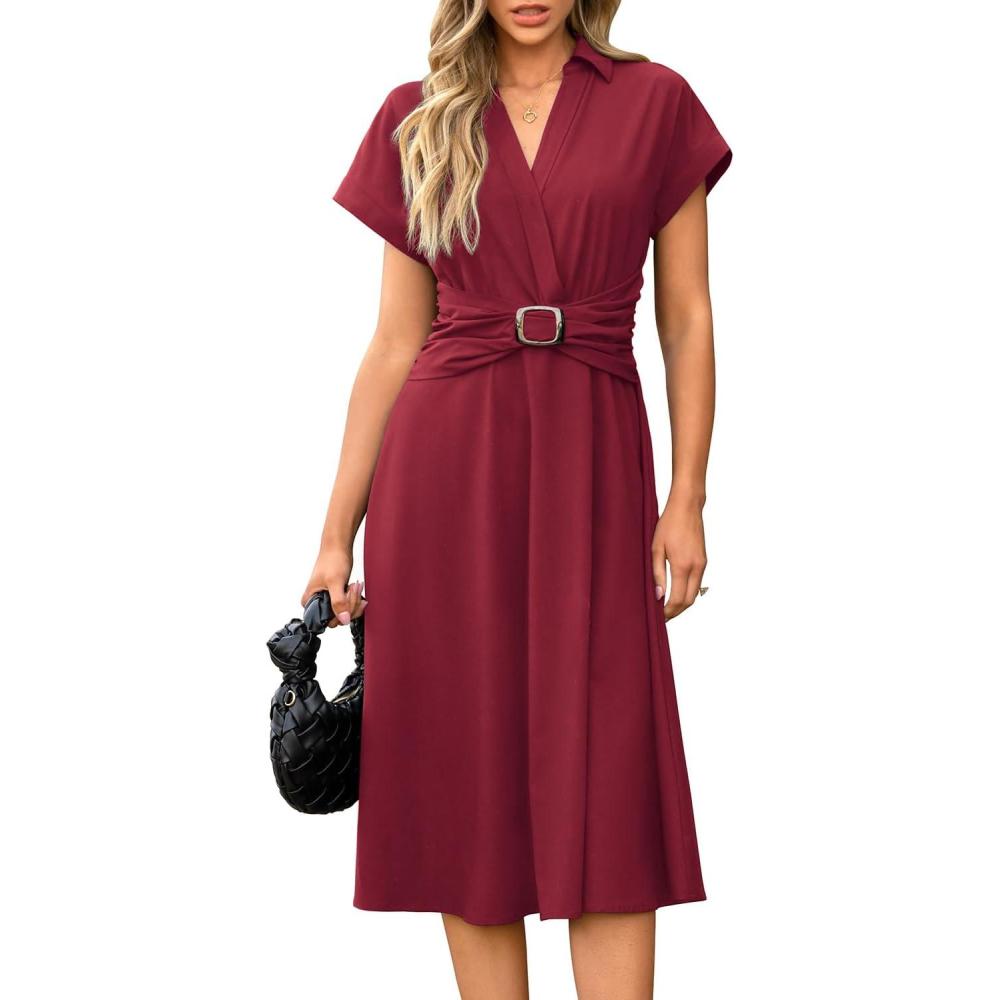 imageNewshows Womens Wear to Work Teacher Business Casual Dress Funeral Midi Dresses Button Down Office Clothes with PocketsWine Red