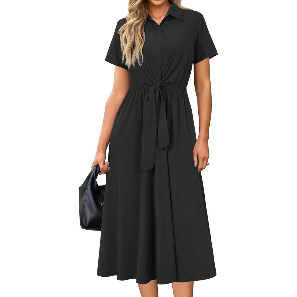 imageNewshows Womens Wear to Work Teacher Business Casual Outfits Long Dresses Tie Waist Shirt Dress Attire with PocketsBlack