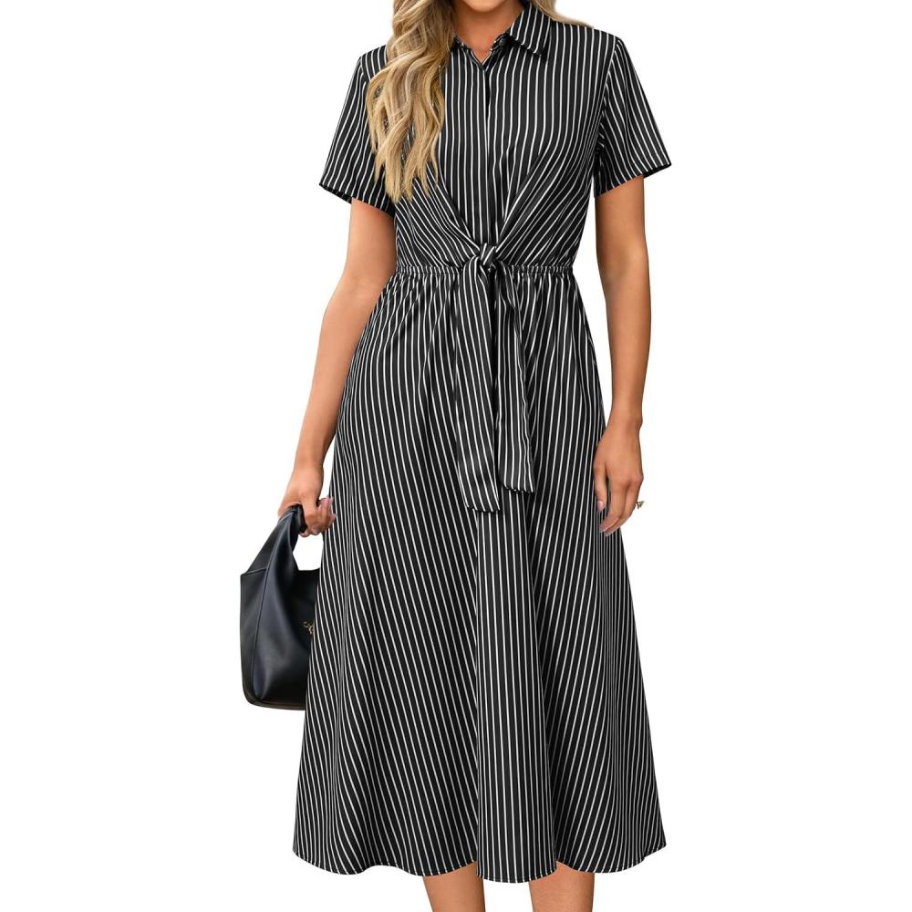 imageNewshows Womens Wear to Work Teacher Business Casual Outfits Long Dresses Tie Waist Shirt Dress Attire with PocketsBlack White Striped
