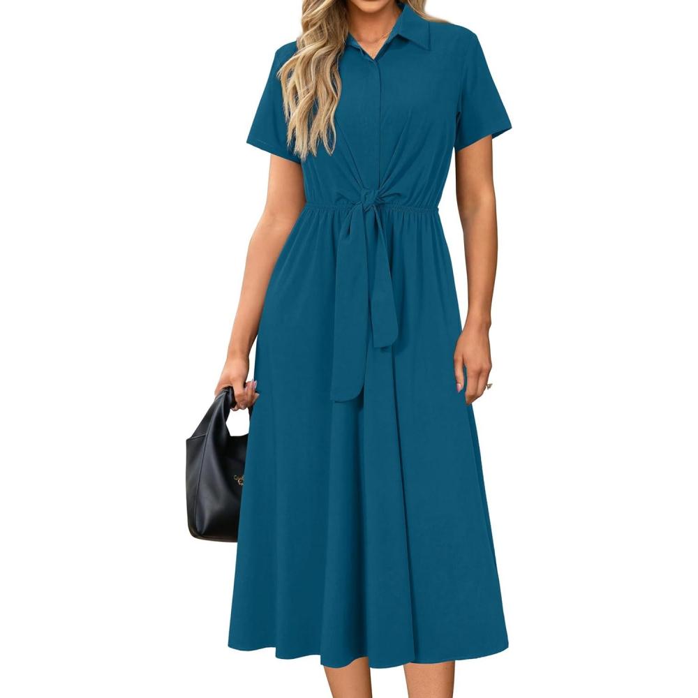 imageNewshows Womens Wear to Work Teacher Business Casual Outfits Long Dresses Tie Waist Shirt Dress Attire with PocketsBlue