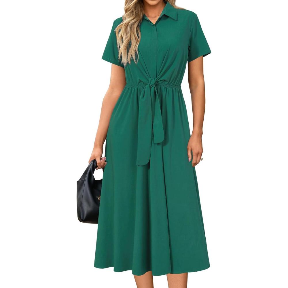 imageNewshows Womens Wear to Work Teacher Business Casual Outfits Long Dresses Tie Waist Shirt Dress Attire with PocketsGreen