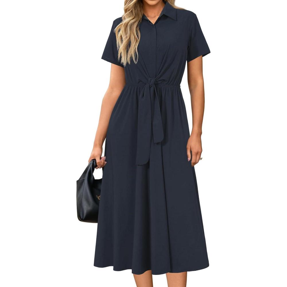 imageNewshows Womens Wear to Work Teacher Business Casual Outfits Long Dresses Tie Waist Shirt Dress Attire with PocketsNavy