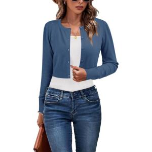 Newshows Cropped Cardigan Sweaters for Women 2025 Crew Neck Button Down Open Front Knit Bolero Shrugs(Dark Blue)