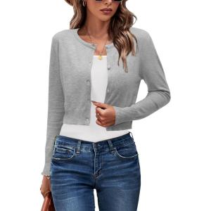 Newshows Cropped Cardigan Sweaters for Women 2025 Crew Neck Button Down Open Front Knit Bolero Shrugs(Grey01)