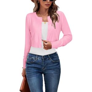 Newshows Cropped Cardigan Sweaters for Women 2025 Crew Neck Button Down Open Front Knit Bolero Shrugs(Pink)