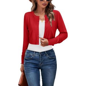Newshows Cropped Cardigan Sweaters for Women 2025 Crew Neck Button Down Open Front Knit Bolero Shrugs(Red)
