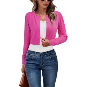 Newshows Cropped Cardigan Sweaters for Women 2025 Crew Neck Button Down Open Front Knit Bolero Shrugs(Rose Red)
