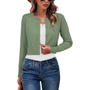 Newshows Cropped Cardigan Sweaters for Women 2025 Crew Neck Button Down Open Front Knit Bolero Shrugs(Sage Green)