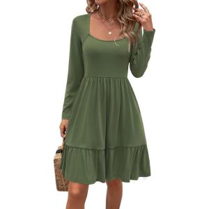 Newshows Women 2025 Summer Dress Square Neck Formal Short Sleeve Business Casual Outfits Ruffle Spring Pockets Sundress(0 Army Green-4006)