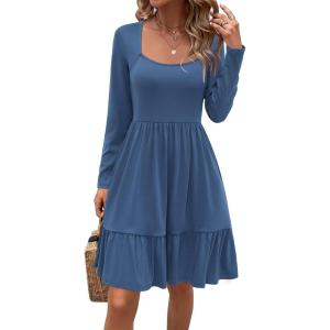 Newshows Women 2025 Summer Dress Square Neck Formal Short Sleeve Business Casual Outfits Ruffle Spring Pockets Sundress(0 Blue-4006)