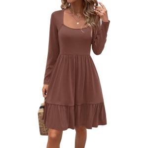 Newshows Women 2025 Summer Dress Square Neck Formal Short Sleeve Business Casual Outfits Ruffle Spring Pockets Sundress(0 Brown)