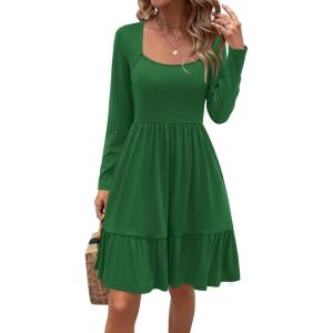 Newshows Women 2025 Summer Dress Square Neck Formal Short Sleeve Business Casual Outfits Ruffle Spring Pockets Sundress(0 Forest Green-4006)