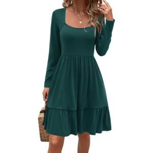 Newshows Women 2025 Summer Dress Square Neck Formal Short Sleeve Business Casual Outfits Ruffle Spring Pockets Sundress(0 Green-4006)