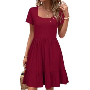 Newshows Women 2025 Summer Dress Square Neck Formal Short Sleeve Business Casual Outfits Ruffle Spring Pockets Sundress(Ancora Red)