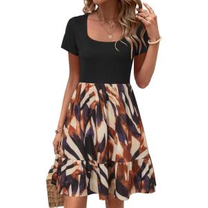 Newshows Women 2025 Summer Dress Square Neck Formal Short Sleeve Business Casual Outfits Ruffle Spring Pockets Sundress(Black Brown Geometry)