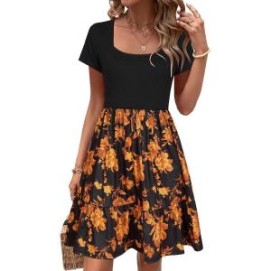 Newshows Women 2025 Summer Dress Square Neck Formal Short Sleeve Business Casual Outfits Ruffle Spring Pockets Sundress(Black Floral Golden)