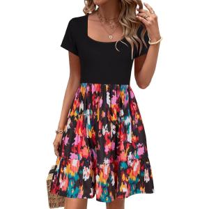 Newshows Women 2025 Summer Dress Square Neck Formal Short Sleeve Business Casual Outfits Ruffle Spring Pockets Sundress(Black Floral Pink)