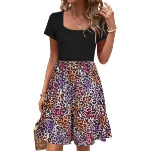 Newshows Women 2025 Summer Dress Square Neck Formal Short Sleeve Business Casual Outfits Ruffle Spring Pockets Sundress(Black Leopard Colorful)