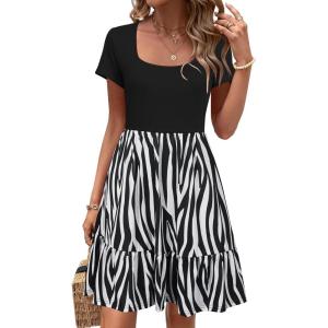 Newshows Women 2025 Summer Dress Square Neck Formal Short Sleeve Business Casual Outfits Ruffle Spring Pockets Sundress(Black White Zebra Striped)