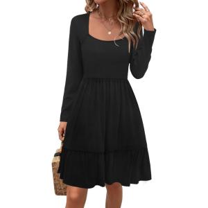 Newshows Women 2025 Summer Dress Square Neck Formal Short Sleeve Business Casual Outfits Ruffle Spring Pockets Sundress(Black-4006)