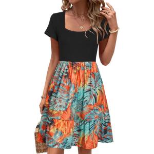 Newshows Women 2025 Summer Dress Square Neck Formal Short Sleeve Business Casual Outfits Ruffle Spring Pockets Sundress(Blue Floral Leaf Red)