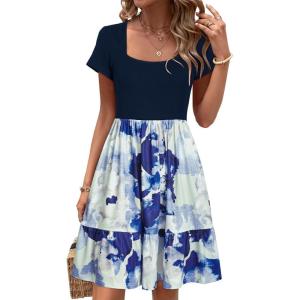 Newshows Women 2025 Summer Dress Square Neck Formal Short Sleeve Business Casual Outfits Ruffle Spring Pockets Sundress(Blue Floral White)