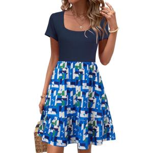 Newshows Women 2025 Summer Dress Square Neck Formal Short Sleeve Business Casual Outfits Ruffle Spring Pockets Sundress(Blue Green Geometric Floral)