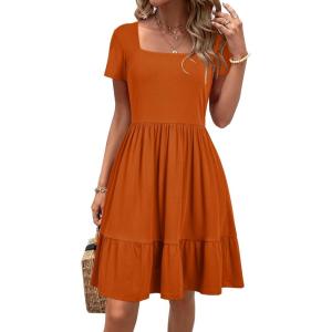 Newshows Women 2025 Summer Dress Square Neck Formal Short Sleeve Business Casual Outfits Ruffle Spring Pockets Sundress(Caramel Orange)