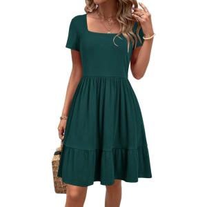 Newshows Women 2025 Summer Dress Square Neck Formal Short Sleeve Business Casual Outfits Ruffle Spring Pockets Sundress(Dark Green)