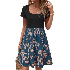 Newshows Women 2025 Summer Dress Square Neck Formal Short Sleeve Business Casual Outfits Ruffle Spring Pockets Sundress(Dark Green Floral Apricot)