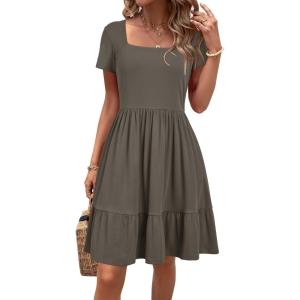 Newshows Women 2025 Summer Dress Square Neck Formal Short Sleeve Business Casual Outfits Ruffle Spring Pockets Sundress(Dark Grey)