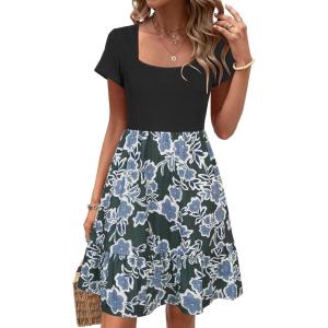 Newshows Women 2025 Summer Dress Square Neck Formal Short Sleeve Business Casual Outfits Ruffle Spring Pockets Sundress(Green Floral Blue)