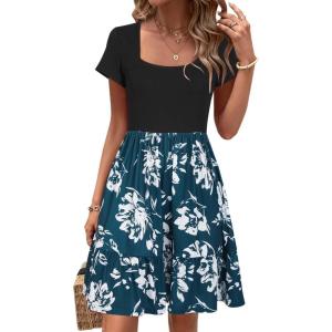 Newshows Women 2025 Summer Dress Square Neck Formal Short Sleeve Business Casual Outfits Ruffle Spring Pockets Sundress(Green Floral White)