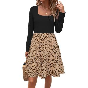 Newshows Women 2025 Summer Dress Square Neck Formal Short Sleeve Business Casual Outfits Ruffle Spring Pockets Sundress(Leopard Brown Floral-4085)