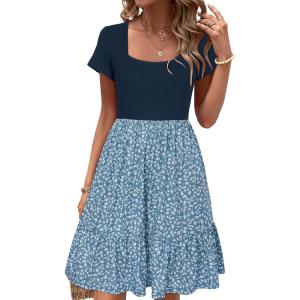 Newshows Women 2025 Summer Dress Square Neck Formal Short Sleeve Business Casual Outfits Ruffle Spring Pockets Sundress(Light Blue Floral White)