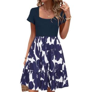Newshows Women 2025 Summer Dress Square Neck Formal Short Sleeve Business Casual Outfits Ruffle Spring Pockets Sundress(Navy Floral White)